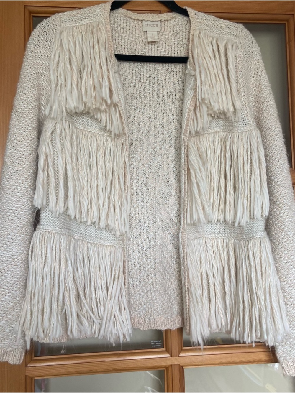 Chico's Cream Fringe Open-Front Sweater with threads of gold   Super chic